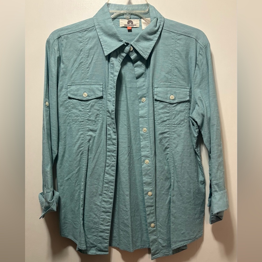 Weatherproof brand buttoned aqua blue/green linen blend shirt 3/4 sleeve - sz L
